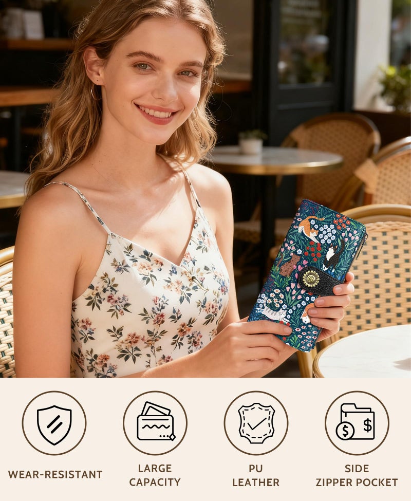 GIANCOMICS Cute Cat Womens Wallet RFID Blocking, Credit Flower Card Holder Organizer Billfold, PU Leather Travel Billfold, Long Cash Purse, Zipper Coin Pocket Clutch, 11 Card Slots, Ladies Gift Woman - Image 2