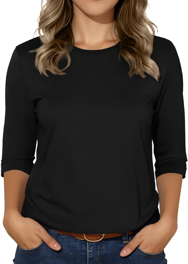 rosemia 3/4 Sleeve Tops for Women Basic Crew Neck Spring Blouses Casual Fit Fall T Shirts A-Black - Image 1