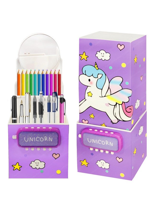 فنبلاست علبة أقلام فن بلاست للبنات - علبة أقلام بقفل كلمة مرور، علبة أقلام متعددة الطبقات لبنات المدارس، علبة هندسية، حافظة منظم أدوات مكتبية للأطفال، هدية إرجاع للأطفال (وحيد القرن - بنفسجي) - Image 1
