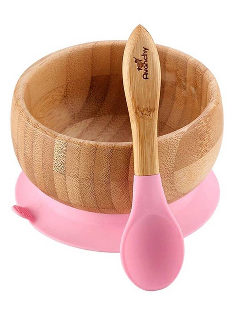 Avanchy Bamboo Suction Classic Bowl + Spoon Pink Color For Baby - Image 1