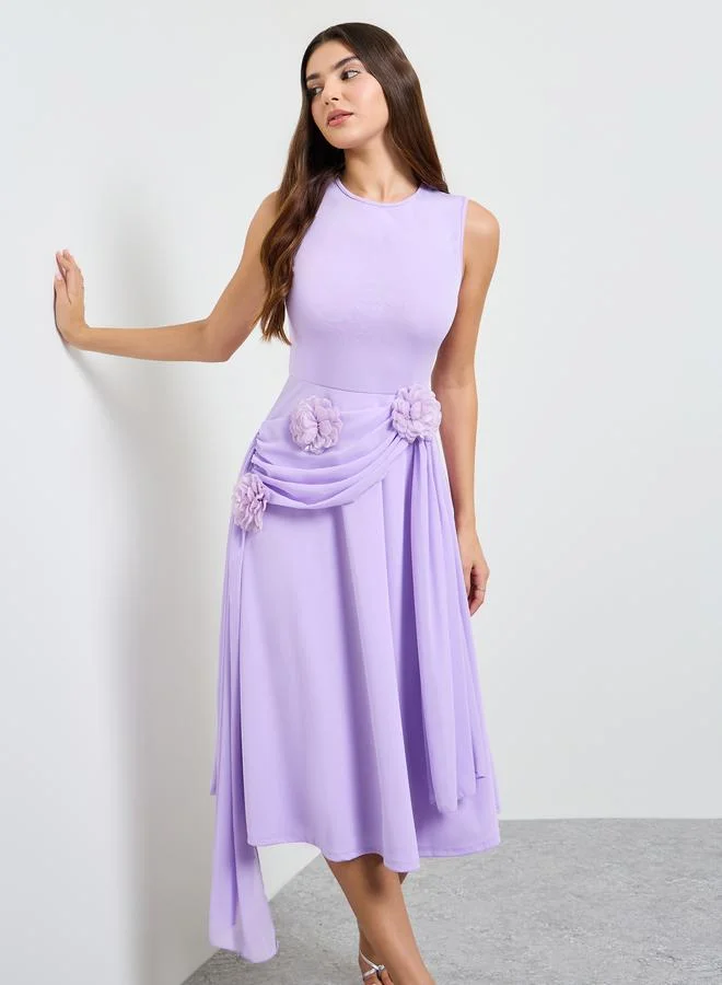 تايك تو Purple Floral Corsage Detail Draped Midi Dress