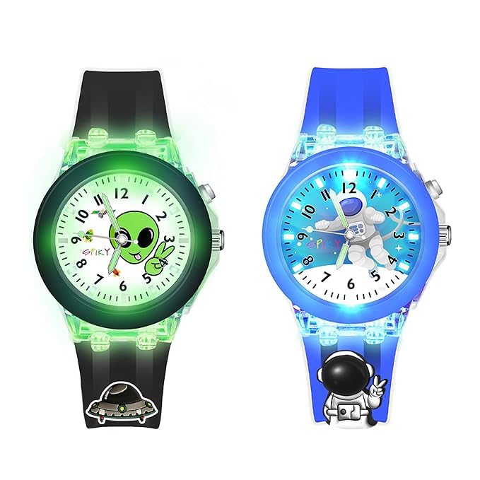 SPIKY Analog Watch For Kids Combo (Black & Blue) | 3D Cartoon | 7 Multicolor LED Luminous Lights with Silicone Strap | Best Birthday Gift | Analogue Wrist Watches For Boys & Girls | Age 3-10 Yrs | Pack of 2 - Image 1