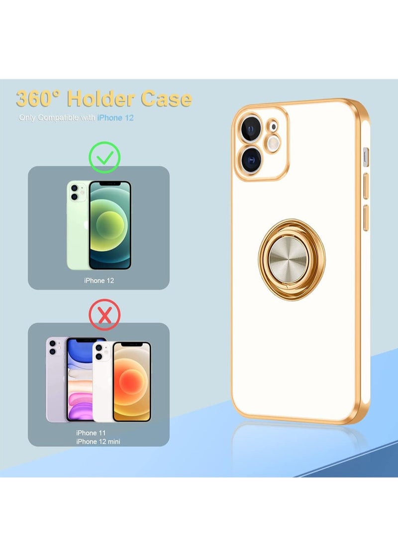 WRISTWISE Case Cover for iPhone 12 with 360° Rotatable Ring Holder Magnetic Kickstand, Shiny Plating Gold Edge, Slim Soft TPU Shockproof Protective Cover for Women, Men, White - Image 2
