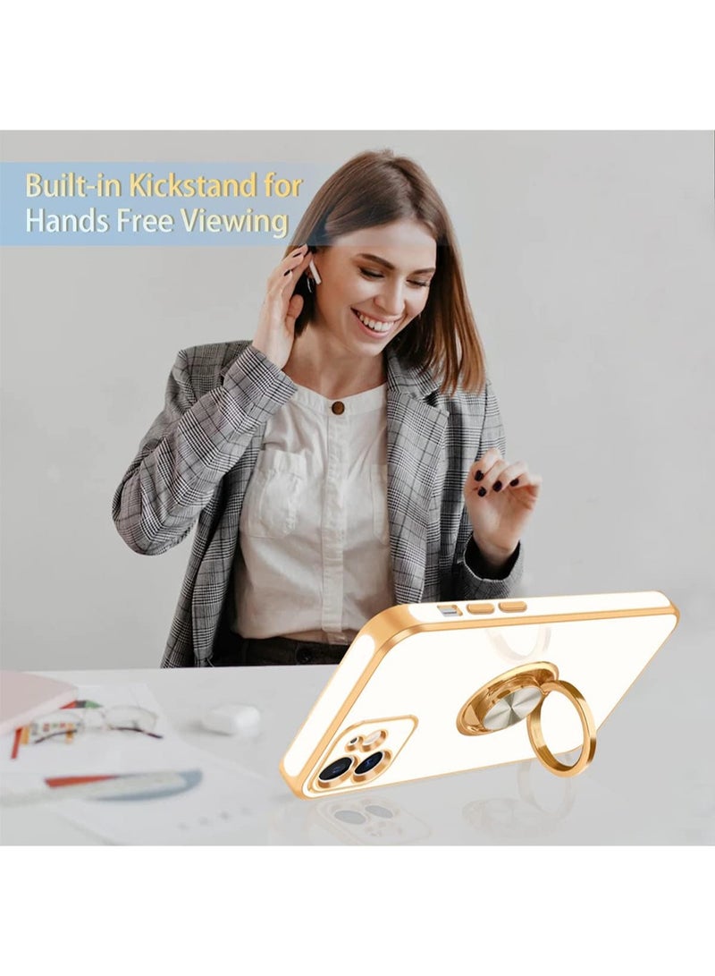WRISTWISE Case Cover for iPhone 12 with 360° Rotatable Ring Holder Magnetic Kickstand, Shiny Plating Gold Edge, Slim Soft TPU Shockproof Protective Cover for Women, Men, White - Image 4