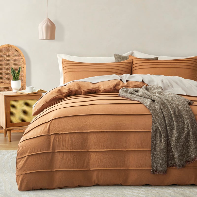 Oli Anderson Oli Anderson Pumpkin Brown Duvet Cover Queen Size  Pleated Queen Duvet Cover 3PCS Soft and Breathable Textured Bedding Set with Zipper ClosurePumpkin Brown90x90
