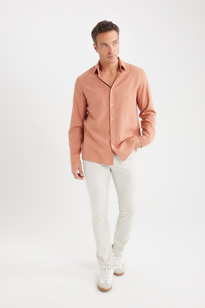DeFacto Pink Man Regular Fit Polo Collar Long Sleeve Linen Shirt Casual - Image 2