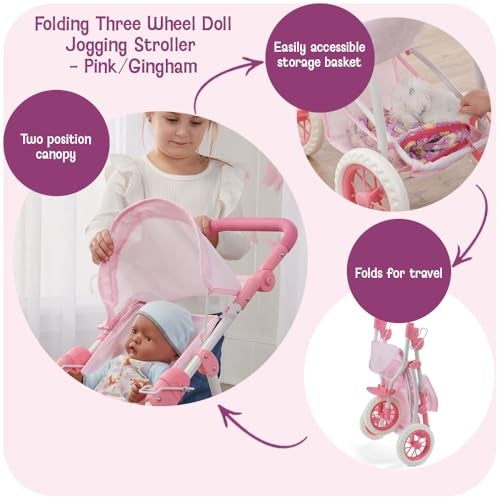 Badger Basket Foldable Jogging Style Doll Stroller Adjustable Handle Canopy Straps Basket Fits 1822 Dolls Lightweight Toy for Girls Ages 3 Pink Gingham Design - Image 5