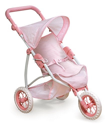 Badger Basket Foldable Jogging Style Doll Stroller Adjustable Handle Canopy Straps Basket Fits 1822 Dolls Lightweight Toy for Girls Ages 3 Pink Gingham Design - Image 1