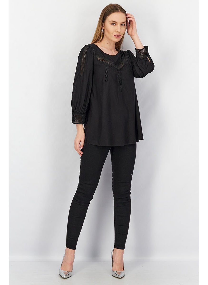 ESPRIT Women Round Neck Long Sleeve Textured Blouse, Black  - Image 3