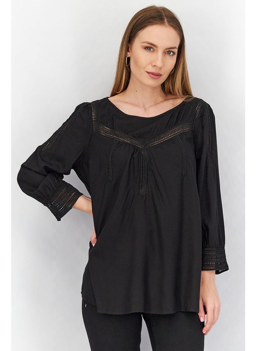 ESPRIT Women Round Neck Long Sleeve Textured Blouse, Black  - Image 1