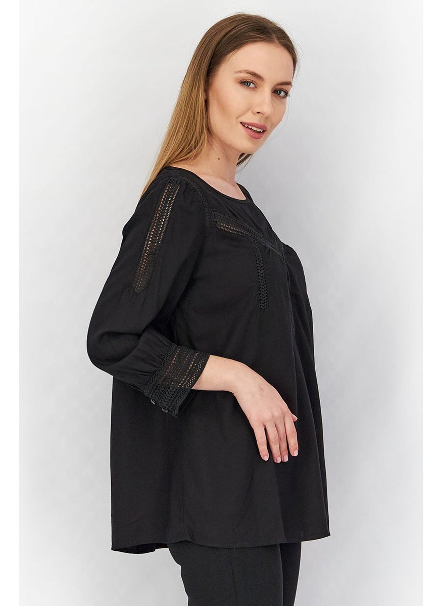 ESPRIT Women Round Neck Long Sleeve Textured Blouse, Black  - Image 2