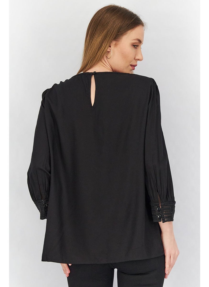 ESPRIT Women Round Neck Long Sleeve Textured Blouse, Black  - Image 4