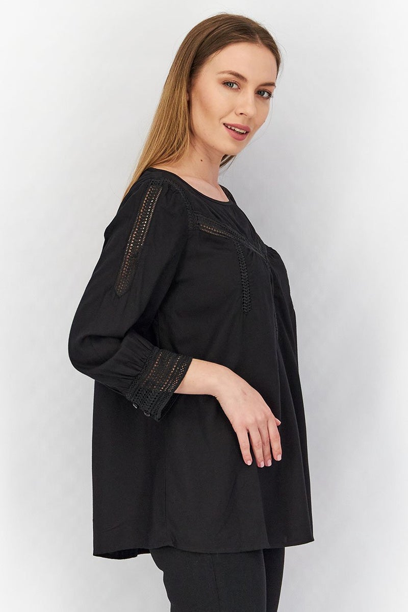 ESPRIT Women Round Neck Long Sleeve Textured Blouse, Black - Image 2