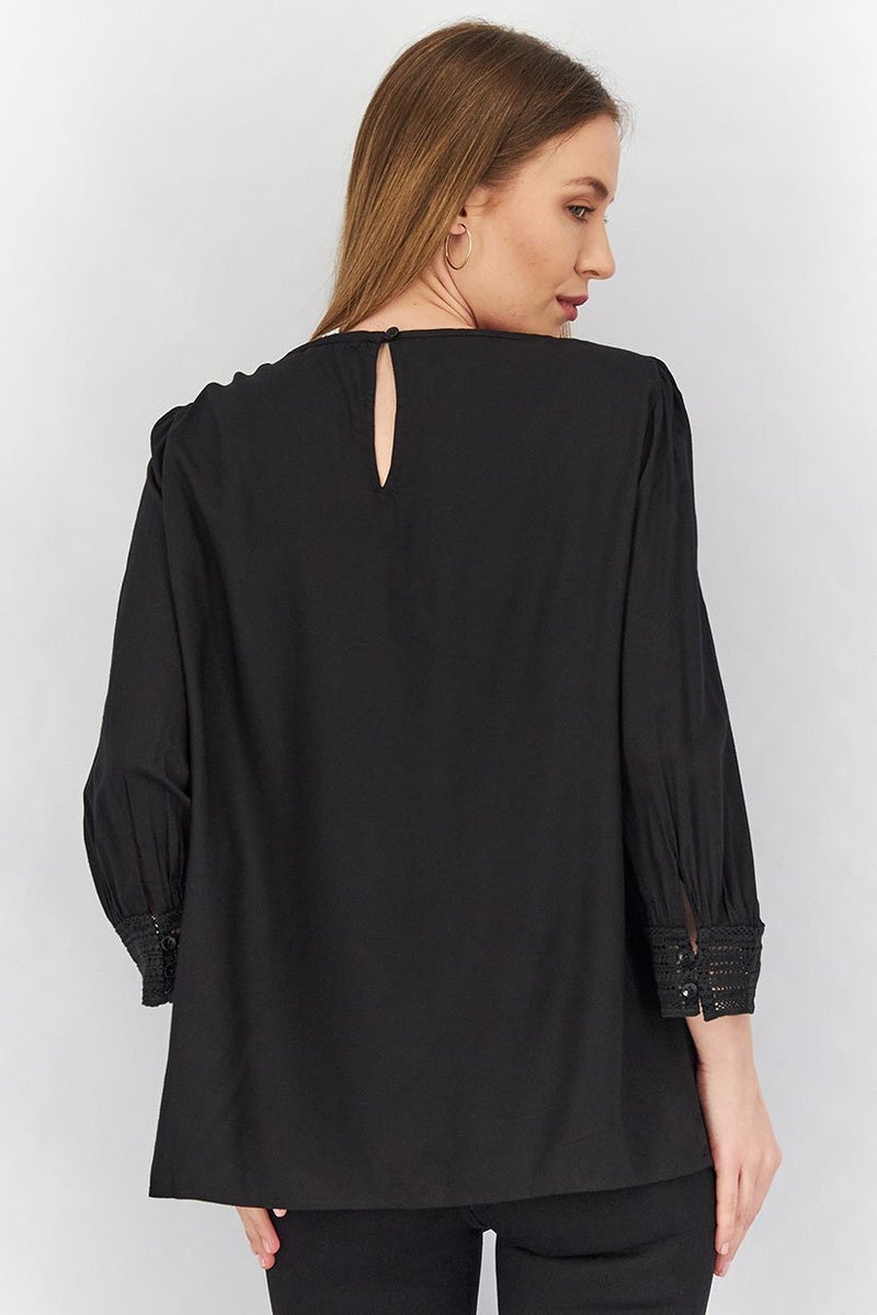 ESPRIT Women Round Neck Long Sleeve Textured Blouse, Black - Image 4
