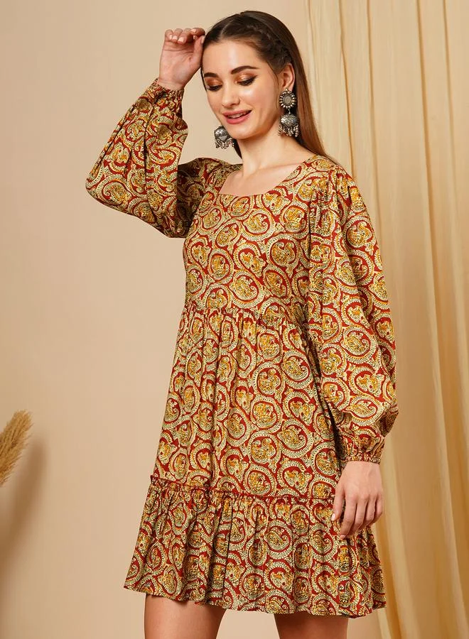 globus Globus Multi Square Neck Ethnic Motifs Fusion Mini Dress