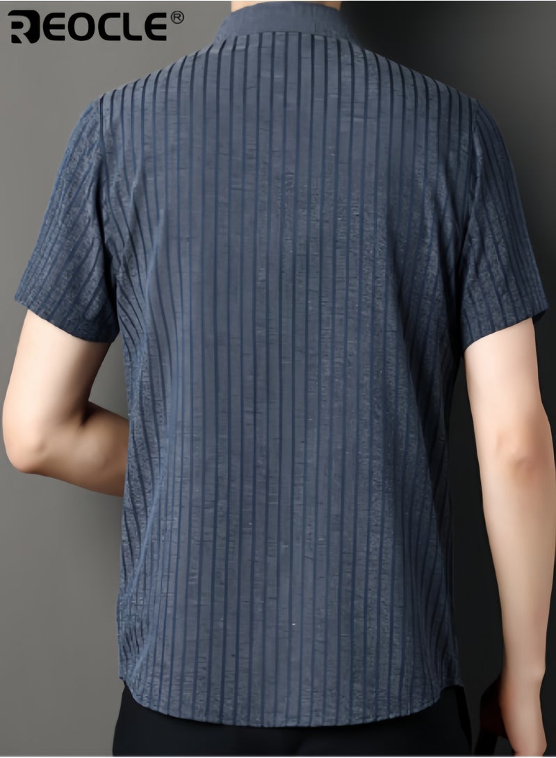 ريوكل قميص رجالي رسمي قصير الأكمام مطبوع مقاوم للتجاعيد لا يحتاج لكي قميص مريح تي شيرت كاجوال متعدد الاستخدامات بأزرار وتصميم ثلاثي الأبعاد - Image 4