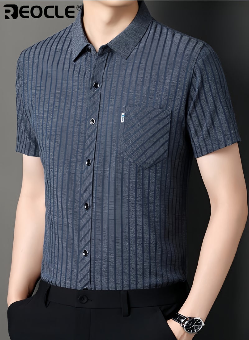 ريوكل قميص رجالي رسمي قصير الأكمام مطبوع مقاوم للتجاعيد لا يحتاج لكي قميص مريح تي شيرت كاجوال متعدد الاستخدامات بأزرار وتصميم ثلاثي الأبعاد - Image 2