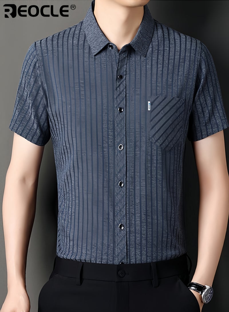 ريوكل قميص رجالي رسمي قصير الأكمام مطبوع مقاوم للتجاعيد لا يحتاج لكي قميص مريح تي شيرت كاجوال متعدد الاستخدامات بأزرار وتصميم ثلاثي الأبعاد - Image 3