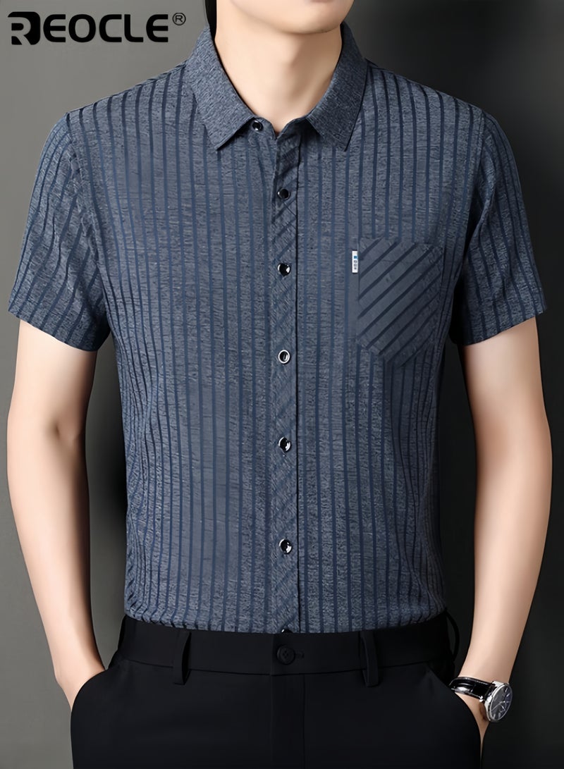 ريوكل قميص رجالي رسمي قصير الأكمام مطبوع مقاوم للتجاعيد لا يحتاج لكي قميص مريح تي شيرت كاجوال متعدد الاستخدامات بأزرار وتصميم ثلاثي الأبعاد - Image 1