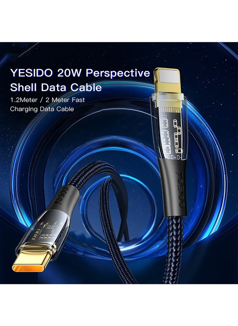Yesido - Yesido CA102 2M Length Nylon Braided Gold Plated Type-C To Lightning PD Fast Charging Data Cable - Black - Image 1