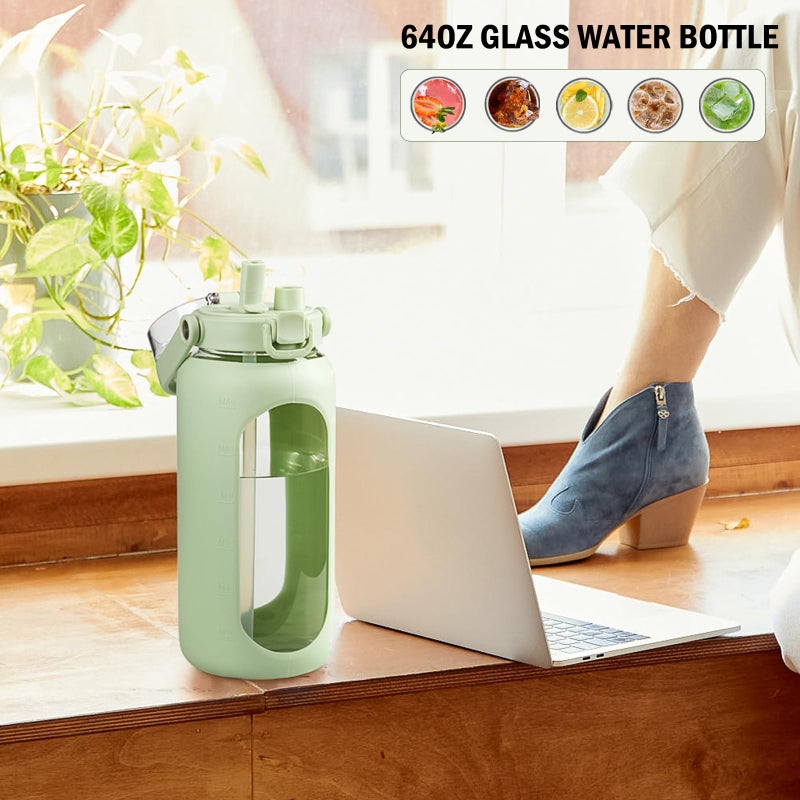 BLUEGO 64oz Glass Water Bottles with Straw Time Marker Half Gallon Large Motivational Water Bottle with Silicone Sleeve 2 Liter Large Glass Water Jug for Gym, Sports& Workout, Daily, Green - Image 5