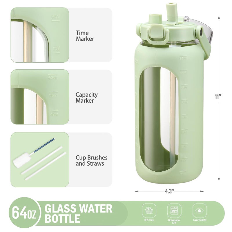 BLUEGO 64oz Glass Water Bottles with Straw Time Marker Half Gallon Large Motivational Water Bottle with Silicone Sleeve 2 Liter Large Glass Water Jug for Gym, Sports& Workout, Daily, Green - Image 4