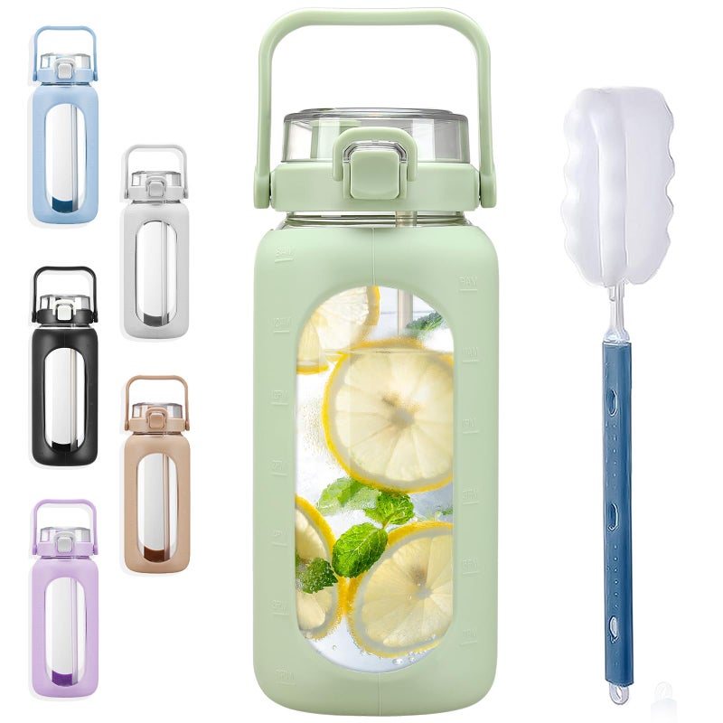 BLUEGO 64oz Glass Water Bottles with Straw Time Marker Half Gallon Large Motivational Water Bottle with Silicone Sleeve 2 Liter Large Glass Water Jug for Gym, Sports& Workout, Daily, Green - Image 1