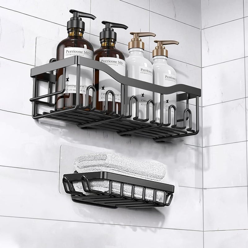 iSTAR رفوف حمام معدنية مثبتة على الحائط مع خطافات | منظم أدوات الحمام متعدد الاستخدامات ذاتية اللصق | حاملة دش مقاومة للصدأ للعناية بالبشرة، مستحضرات التجميل، الحمام، المطبخ، غرفة المعيشة (مجموعة من 2) - Image 1