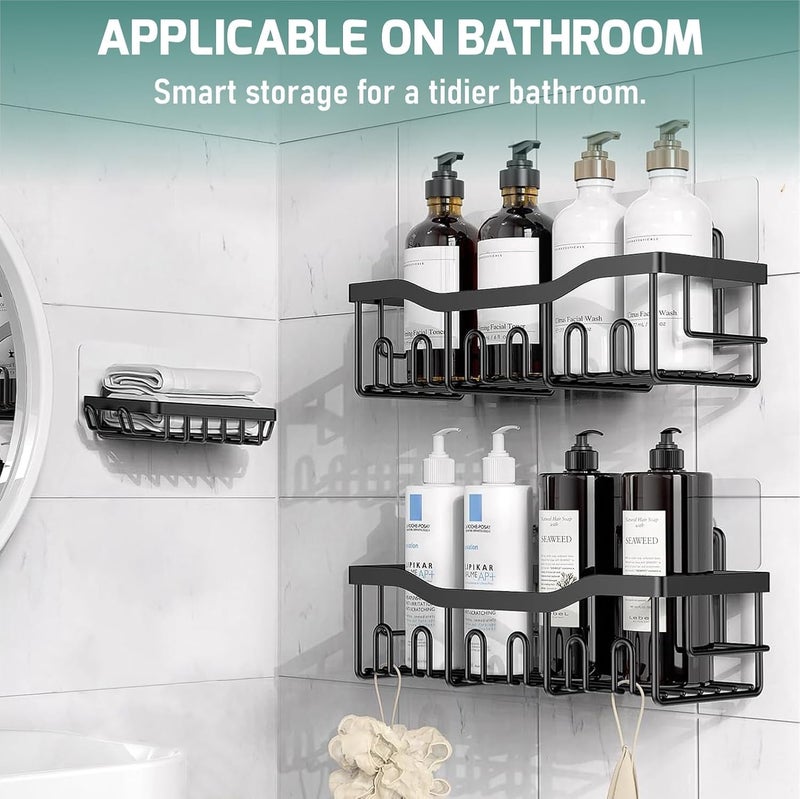iSTAR رفوف حمام معدنية مثبتة على الحائط مع خطافات | منظم أدوات الحمام متعدد الاستخدامات ذاتية اللصق | حاملة دش مقاومة للصدأ للعناية بالبشرة، مستحضرات التجميل، الحمام، المطبخ، غرفة المعيشة (مجموعة من 2) - Image 3