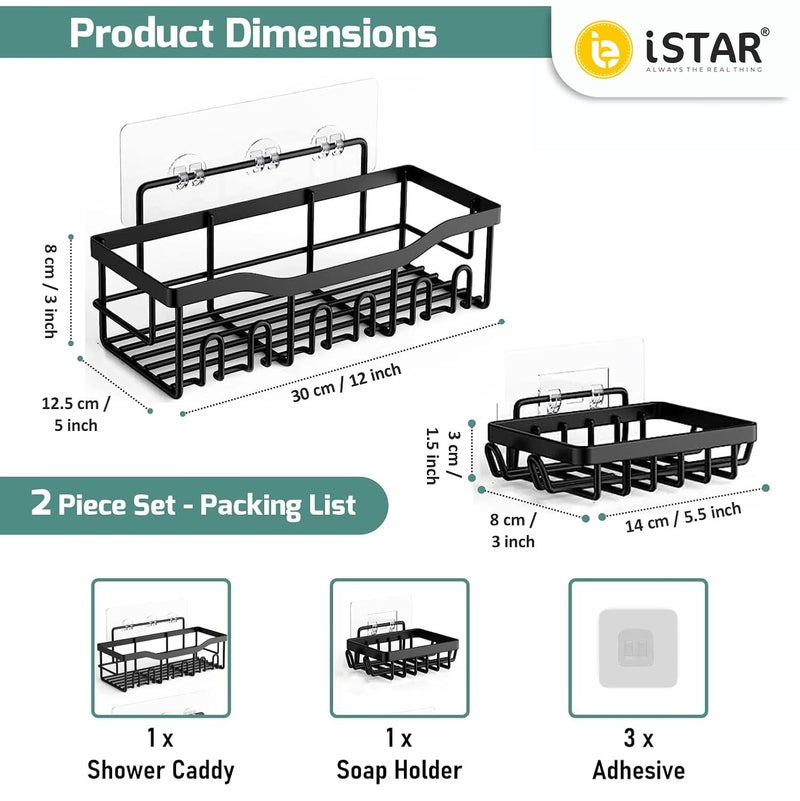 iSTAR رفوف حمام معدنية مثبتة على الحائط مع خطافات | منظم أدوات الحمام متعدد الاستخدامات ذاتية اللصق | حاملة دش مقاومة للصدأ للعناية بالبشرة، مستحضرات التجميل، الحمام، المطبخ، غرفة المعيشة (مجموعة من 2) - Image 2