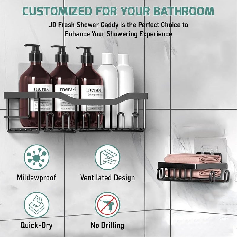 iSTAR رفوف حمام معدنية مثبتة على الحائط مع خطافات | منظم أدوات الحمام متعدد الاستخدامات ذاتية اللصق | حاملة دش مقاومة للصدأ للعناية بالبشرة، مستحضرات التجميل، الحمام، المطبخ، غرفة المعيشة (مجموعة من 2) - Image 5