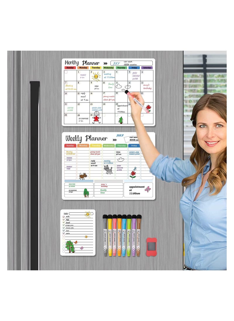 Cool Baby - COOLBABY Magnetic Dry Erase Calendar Whiteboard for Refrigerator 3 Boards Included Monthly Weekly Daily Calendar Whiteboard for Family Planner Kitchen Schedule Board 6 Markers 1 Eraser - Image 1