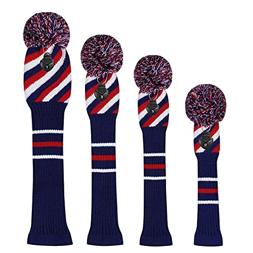Scott Edward 4PCS Wood Golf Head Cover Knit, for Driver Fairway Hybrid, with Rotating Number Tags Blue Red White - Image 2