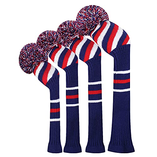 Scott Edward 4PCS Wood Golf Head Cover Knit, for Driver Fairway Hybrid, with Rotating Number Tags Blue Red White - Image 1