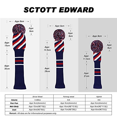 Scott Edward 4PCS Wood Golf Head Cover Knit, for Driver Fairway Hybrid, with Rotating Number Tags Blue Red White - Image 3