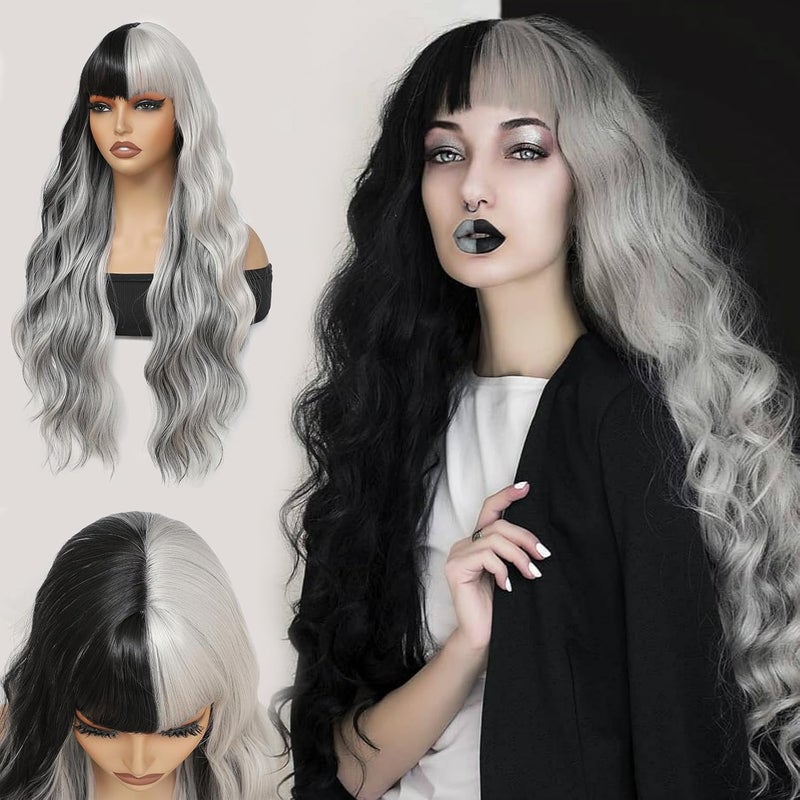 meiliprotea ويغ ميلي بروتي بلاك وفضي مموج طويل مع غرة 26 بوصة للنساء للاستخدام اليومي وحفلات عيد الميلاد وكوسبلاي وهالوين