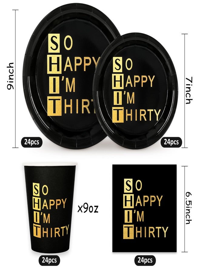 Whaline 96Pcs 30th Birthday Party Supplies Kit Black Gold Paper Tableware Plate Napkin Cup So Happy I'm Thirty Disposable Dinnerware Set for 24 Guests Party Table Decor - Image 2