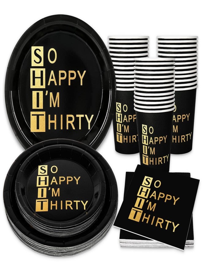 Whaline 96Pcs 30th Birthday Party Supplies Kit Black Gold Paper Tableware Plate Napkin Cup So Happy I'm Thirty Disposable Dinnerware Set for 24 Guests Party Table Decor - Image 1