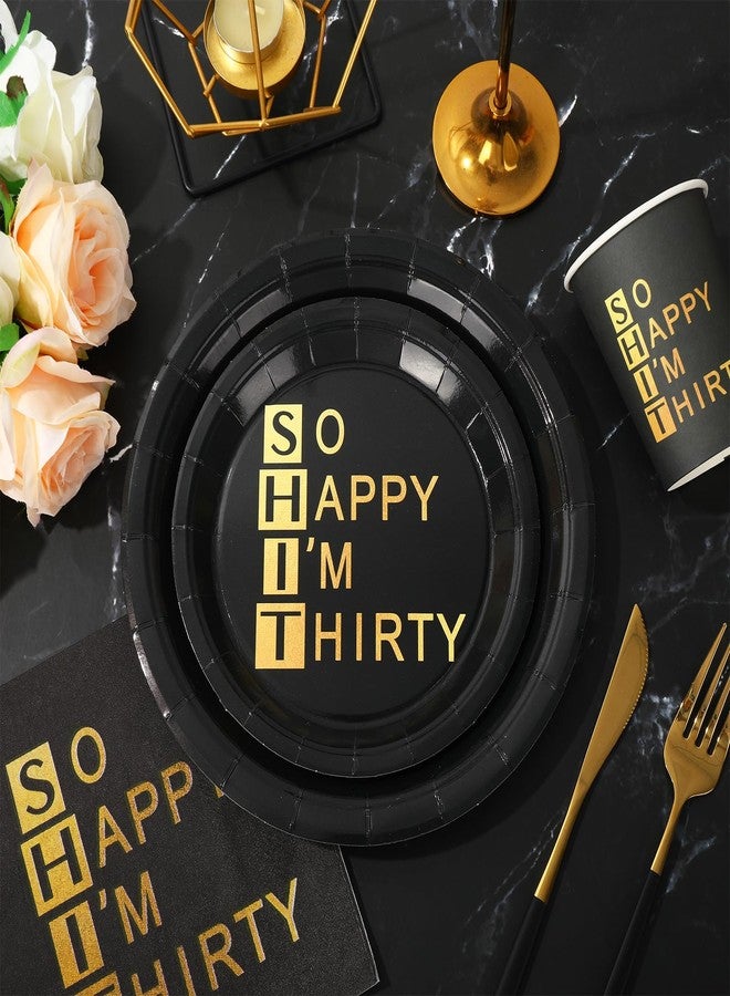 Whaline 96Pcs 30th Birthday Party Supplies Kit Black Gold Paper Tableware Plate Napkin Cup So Happy I'm Thirty Disposable Dinnerware Set for 24 Guests Party Table Decor - Image 3