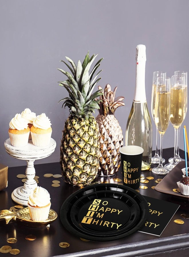 Whaline 96Pcs 30th Birthday Party Supplies Kit Black Gold Paper Tableware Plate Napkin Cup So Happy I'm Thirty Disposable Dinnerware Set for 24 Guests Party Table Decor - Image 4