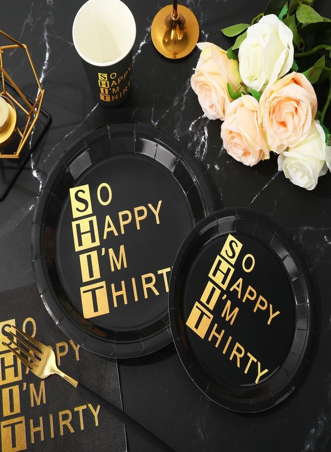 Whaline 96Pcs 30th Birthday Party Supplies Kit Black Gold Paper Tableware Plate Napkin Cup So Happy I'm Thirty Disposable Dinnerware Set for 24 Guests Party Table Decor - Image 5
