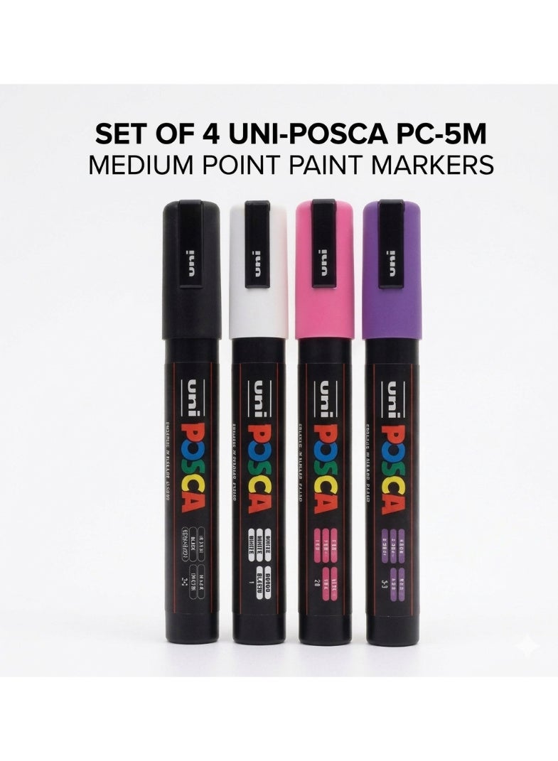 بوسكا أقلام طلاء POSCA PC-5M – مجموعة من 4 قطع، رأس متوسط، ألوان متعددة، حبر أكريليك مائي، مناسب لعدة أسطح - Image 1