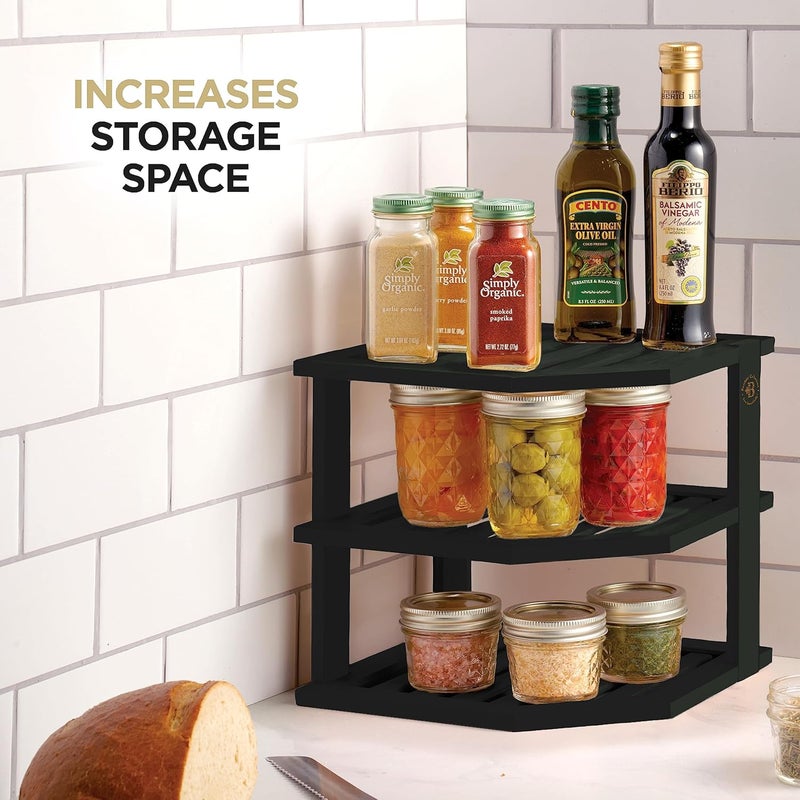 Bambüsi Cabinet Organizer Shelf  Bamboo Corner Rack for Kitchen Counter Cabinet Space Saver for Plates Dishes Bowls Bread Pantry Bathroom Storage or Countertop Stand Black - Image 5