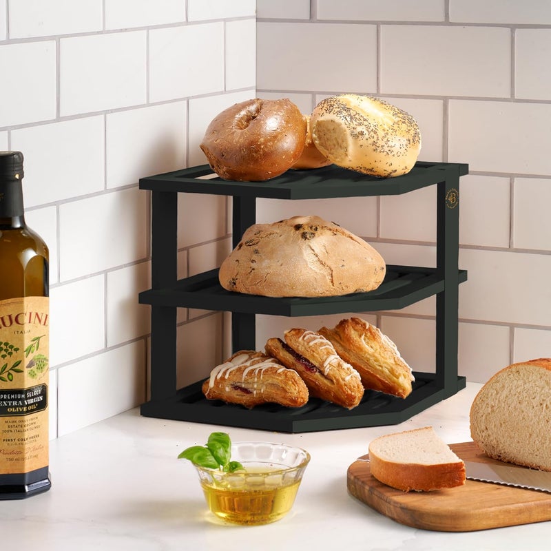 Bambüsi Cabinet Organizer Shelf  Bamboo Corner Rack for Kitchen Counter Cabinet Space Saver for Plates Dishes Bowls Bread Pantry Bathroom Storage or Countertop Stand Black - Image 2