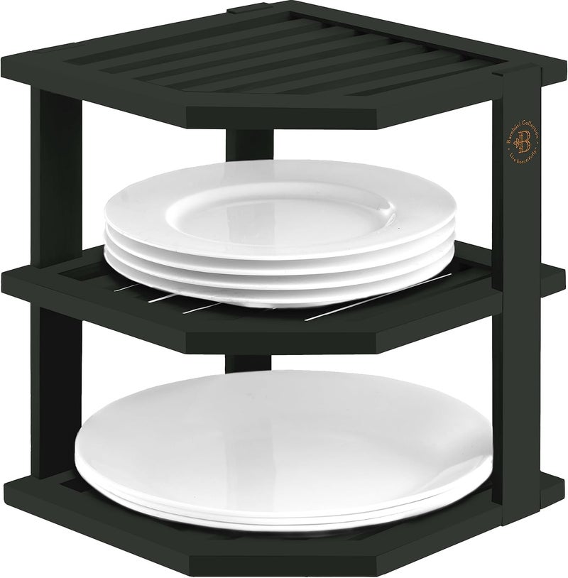 Bambüsi Cabinet Organizer Shelf  Bamboo Corner Rack for Kitchen Counter Cabinet Space Saver for Plates Dishes Bowls Bread Pantry Bathroom Storage or Countertop Stand Black - Image 1