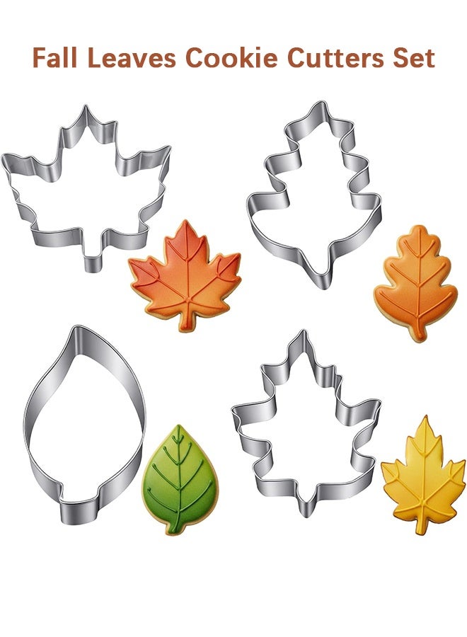 Wffo 4 Pcs Fall Leaves Cookie Cutters Set, Fall Cookie Cutter Stainless Steel Maple, Oak Leaf Shapes Biscuit Molds Holiday Themed Cookies Cutters for Birthday Party Decorations - Stainless Steel Molds - Image 1