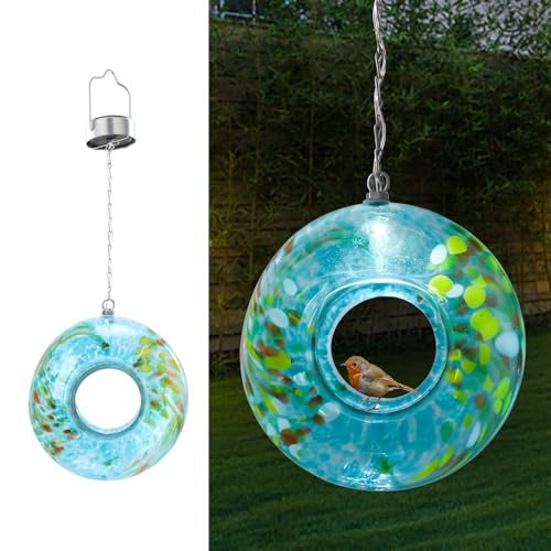 VCUTEKA Bird Feeder Solar Fly Through Bird Feeders for Outside Hanging with Round Shape Glass Container to Attract Wild Birds for Garden Decor Blue 8 - Image 3