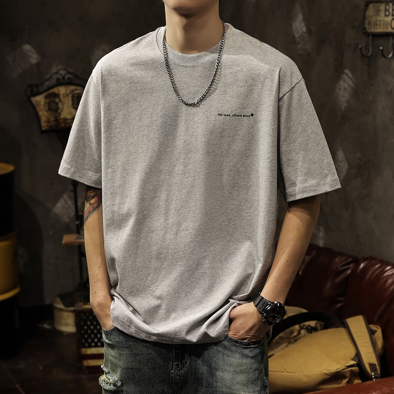 Boys Summer Thin Simple Mountain Heavy Cotton Short-Sleeved T-Shirt Men'S Grey Base Shirt Top - Image 2