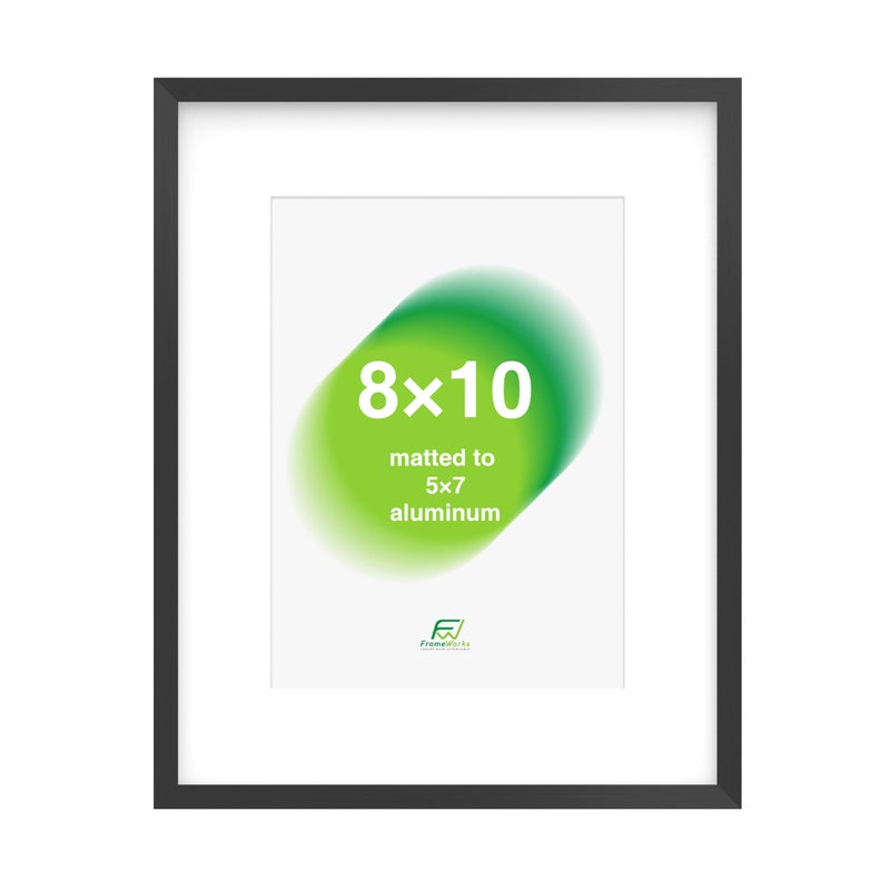 FrameWorks 8x10 Matted to 5x7 Picture Frame  Aluminum Frame wTempered Glass Removable Mat for Photos Posters Art Stylish Wall Frame for Home Decor Gallery Walls Office Living Room  Black