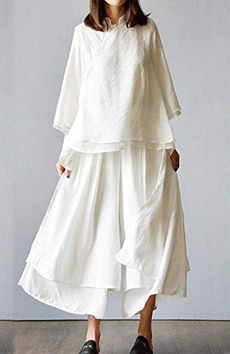 LaovanIn Women's Wide Leg Capri Pants Cotton Cropped Palazzo Trousers Culottes Medium White - Image 4